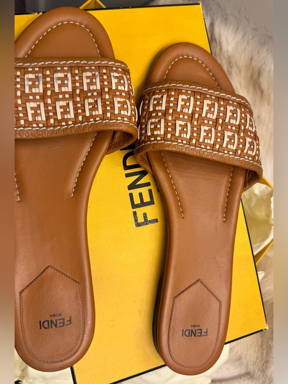 Fendi Brown Woven FF-Pattern Slide Sandals